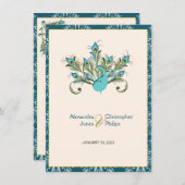 Pfau versieht Damast-Hochzeit mit Federn Einladung (Vorne/Hinten)