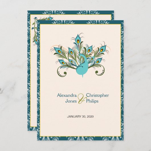 Pfau versieht Damast-Hochzeit mit Federn Einladung (Vorne/Hinten)