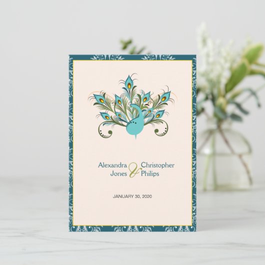 Pfau versieht Damast-Hochzeit mit Federn Einladung (Stehend Vorderseite)