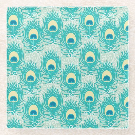 Pfau versieht Muster mit Federn Glasuntersetzer (Vorderseite)