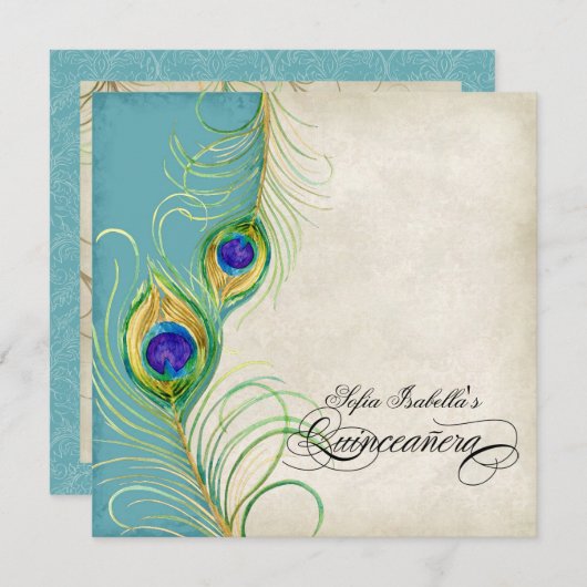 Pfau versieht schwarzes Damast Quinceanera Party Einladung (Vorne/Hinten)