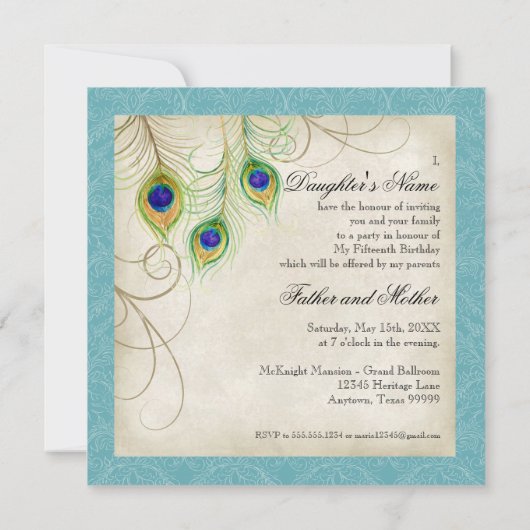 Pfau versieht schwarzes Damast Quinceanera Party Einladung (Rückseite)