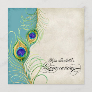 Pfau versieht schwarzes Damast Quinceanera Party Einladung