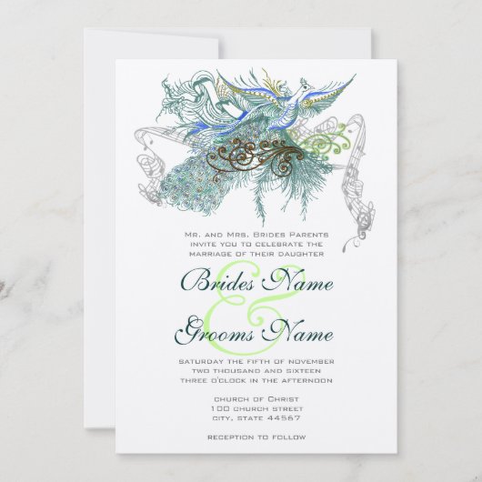 Pfau Vintage Liebesvögel Einladung (Vorderseite)