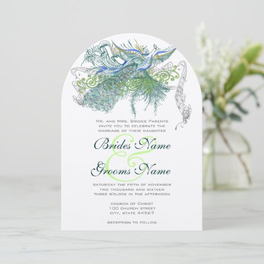 Pfau Vintage Liebesvögel Einladung (Stehend Vorderseite)