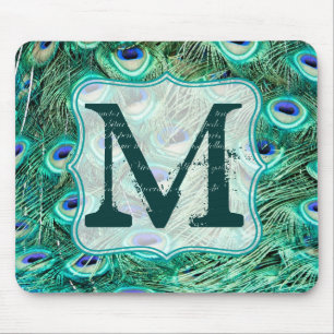 Pfau-Vogel-Feder-Monogramm-Initialen-Mausunterlage Mousepad