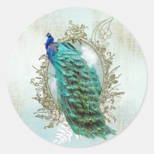 Pfau wunderschön türkis vintage shabby Vogel Runder Aufkleber