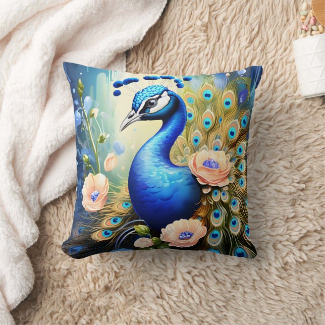Pfau zeigt Federn unter Blume Kissen (Decke)