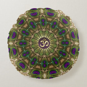 Pfauen-Bohemien-Mandala-OM-Yoga-Runddesign #16 Rundes Kissen