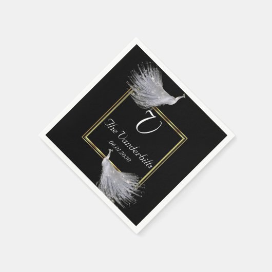 Pfauen Eleganace in Black Gold und White Wedding Serviette (Ecke)