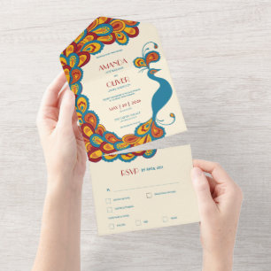 Pfauen Eleganz Mehrfarbig Vintage Hochzeit All In One Einladung