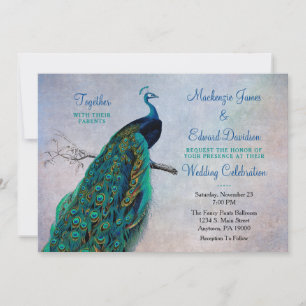 Pfauen-Hochzeitseinladung Vintage Blau Elegant Einladung