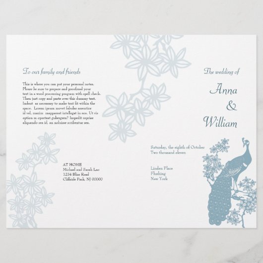 Pfauen-Hochzeitsprogramm-Flyer (Vorderseite)