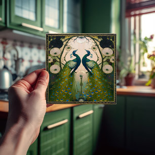 Pfauen Klimt Grüne Wanddekoration Art Nouveau Fliese