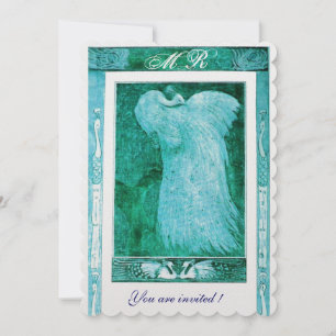 PFauen-Monogramm in Hochzeitsliebe Blau Weiß Perle Einladung