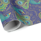 Pfauen-Paisley-Muster Blau Geschenkpapier (Rolleneckpunkt)