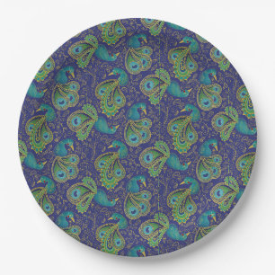 Pfauen-Paisley-Muster Blau Pappteller