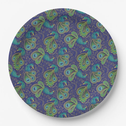 Pfauen-Paisley-Muster Blau Pappteller (Vorderseite)