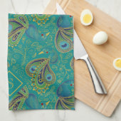 Pfauen-Paisley-Royal-Teal-Monogramm Geschirrtuch (Viertel Falte)