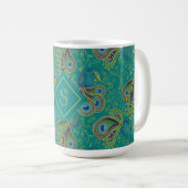 Pfauen-Paisley-Royal-Teal-Monogramm Kaffeetasse (VorderseiteRechts)
