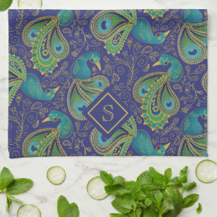Pfauen-Paisley-Royalblau-Monogramm Geschirrtuch