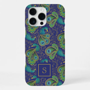 Pfauen-Paisley-Royalblau-Monogramm iPhone 16 Pro Max Hülle