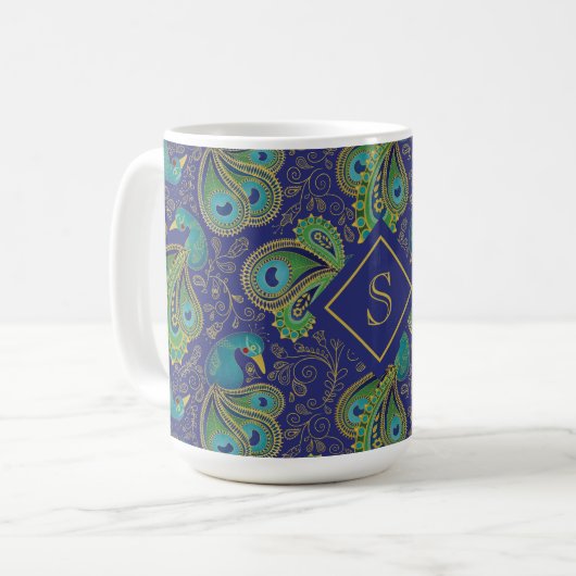 Pfauen-Paisley-Royalblau-Monogramm Kaffeetasse (Vorderseite Links)