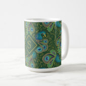 Pfauen-Paisley-Royalgrün-Monogramm Kaffeetasse (VorderseiteRechts)