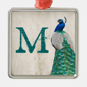 Pfauen-Vogel-Feder-Tee-Monogramm-Initial-Ornament Silbernes Ornament