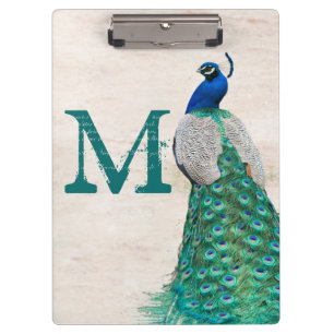Pfauen-Vogelfeder-Monogramm-Initial-Clip-Board Klemmbrett
