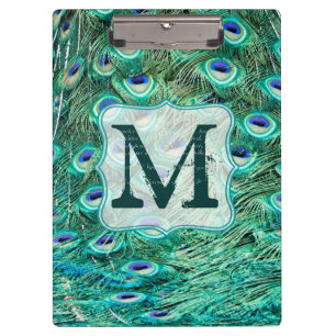 Pfauen-Vogelfeder-Monogramm-Initial-Clip-Board Klemmbrett