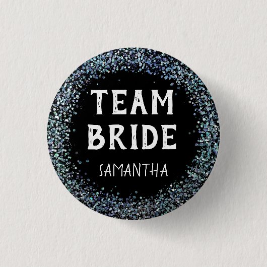 Pfauenblauer Glitter-Team-Braut-Name Schwarz Button (Vorderseite)