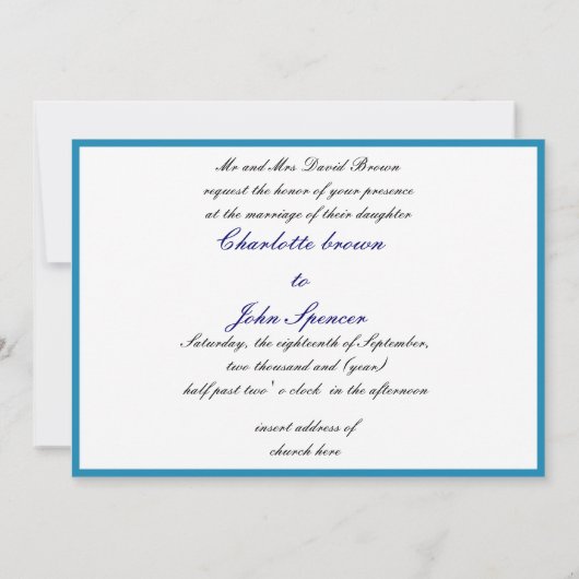 Pfauenblauer Hochzeitsempfang Einladung (Rückseite)