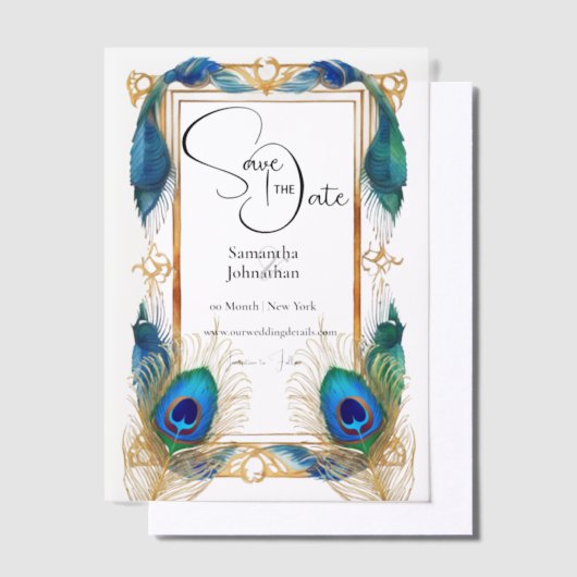 Pfauendesign-Randfedern elegantes Overlay Pergament Einladungen (Versetzt)