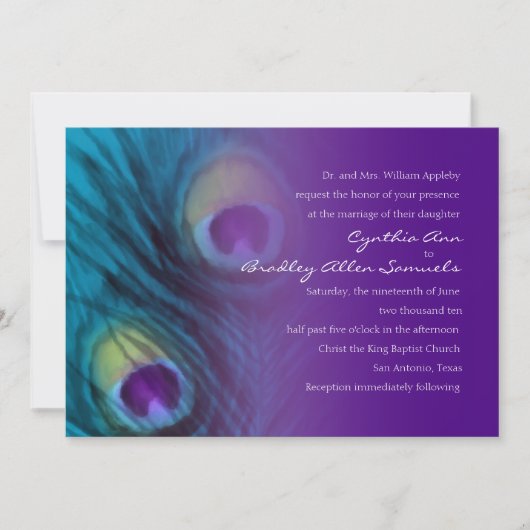 Pfauenfantasy Lila Hochzeitseinladung Einladung (Vorderseite)