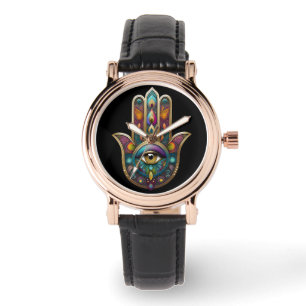 Pfauenfarben Hamsa mit goldenem dritten Auge Armbanduhr