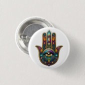 Pfauenfarben Hamsa mit goldenem dritten Auge Button (Vorne & Hinten)