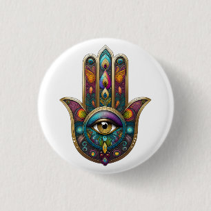 Pfauenfarben Hamsa mit goldenem dritten Auge Button
