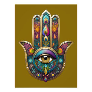 Pfauenfarben Hamsa mit goldenem dritten Auge Fotodruck