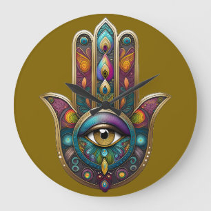 Pfauenfarben Hamsa mit goldenem dritten Auge Große Wanduhr