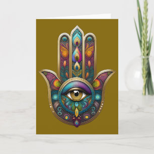 Pfauenfarben Hamsa mit goldenem dritten Auge Karte