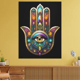 Pfauenfarben Hamsa mit goldenem dritten Auge Leinwanddruck
