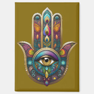 Pfauenfarben Hamsa mit goldenem dritten Auge Magnet