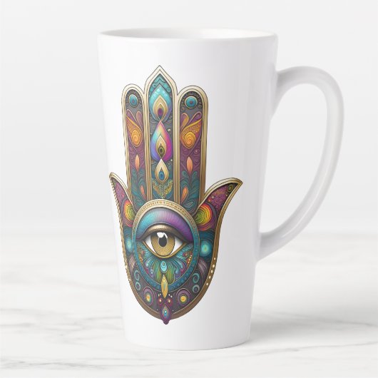 Pfauenfarben Hamsa mit goldenem dritten Auge Milchtasse (Rechts)