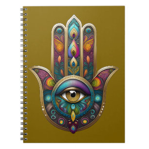 Pfauenfarben Hamsa mit goldenem dritten Auge Notizblock