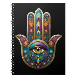 Pfauenfarben Hamsa mit goldenem dritten Auge Notizblock