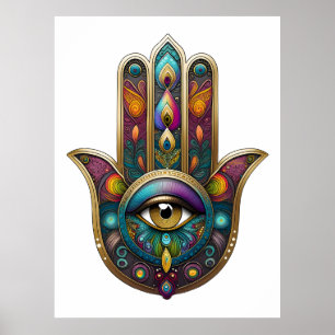 Pfauenfarben Hamsa mit goldenem dritten Auge Poster