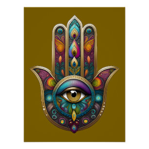 Pfauenfarben Hamsa mit goldenem dritten Auge Poster