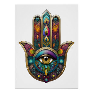 Pfauenfarben Hamsa mit goldenem dritten Auge Poster
