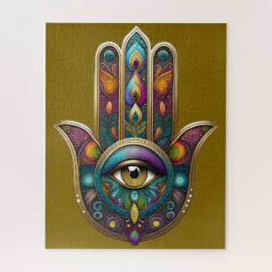 Pfauenfarben Hamsa mit goldenem dritten Auge Puzzle